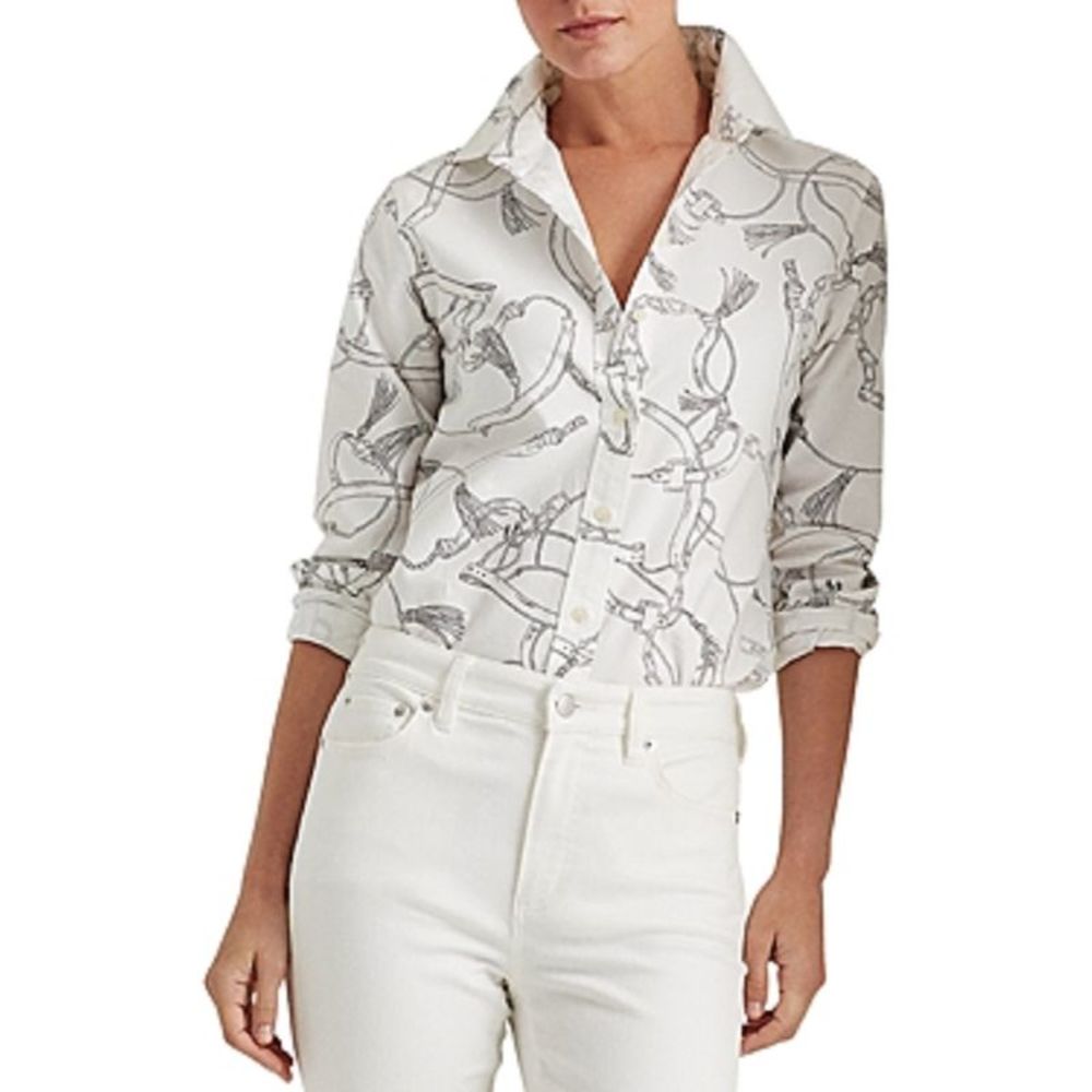Ralph Lauren Women's Lauren Equestrian Print Shirt White Size XX-Large